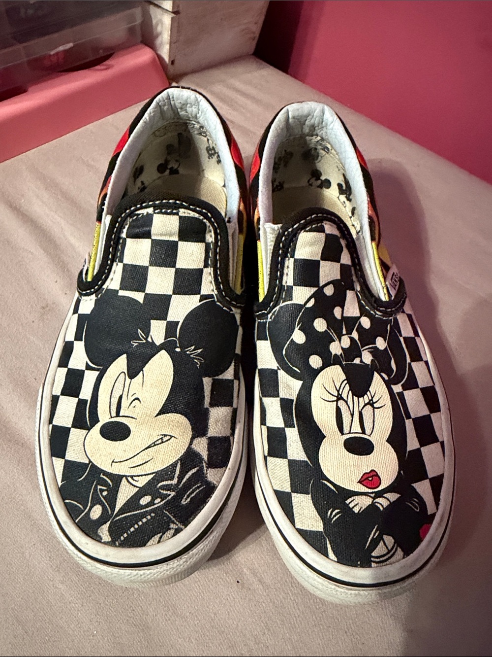 Vans Kids Black & White Mickey & Minnie Checkered Slip-Ons